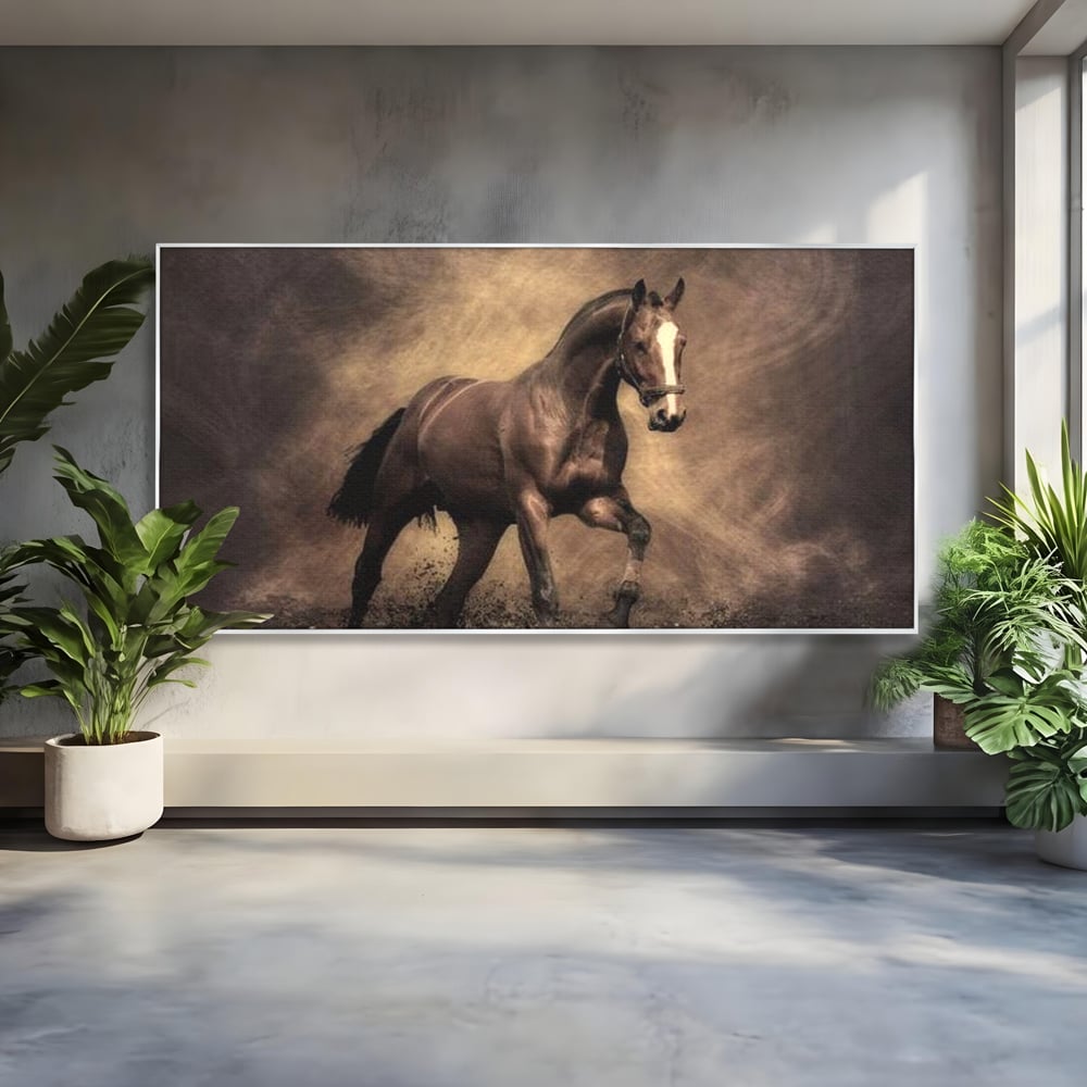 Tablou canvas cu tablou canvas cu cal maro in galop, in rama de aluminiu argintiu